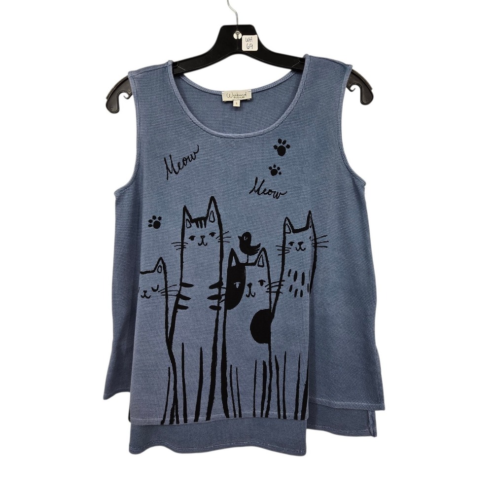 Jess & Jane NWT Katz Tank Top Cats Meow‎ Women's SM Blue Waffle Knit WK12-1998